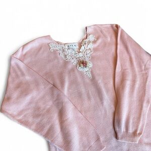 Vintage CYLA Pink V-Neck Sweater with Lace and Delicate Floral detail